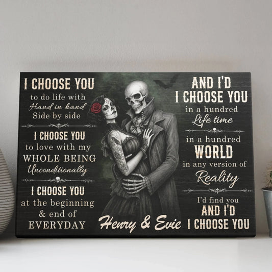 Personalized skeleton couple canvas print featuring romantic skull artwork with Henry and Evie names for an anniversary gift.