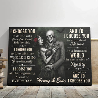Personalized skeleton couple canvas art print with custom names and romantic message ideal for unique couple gifts.