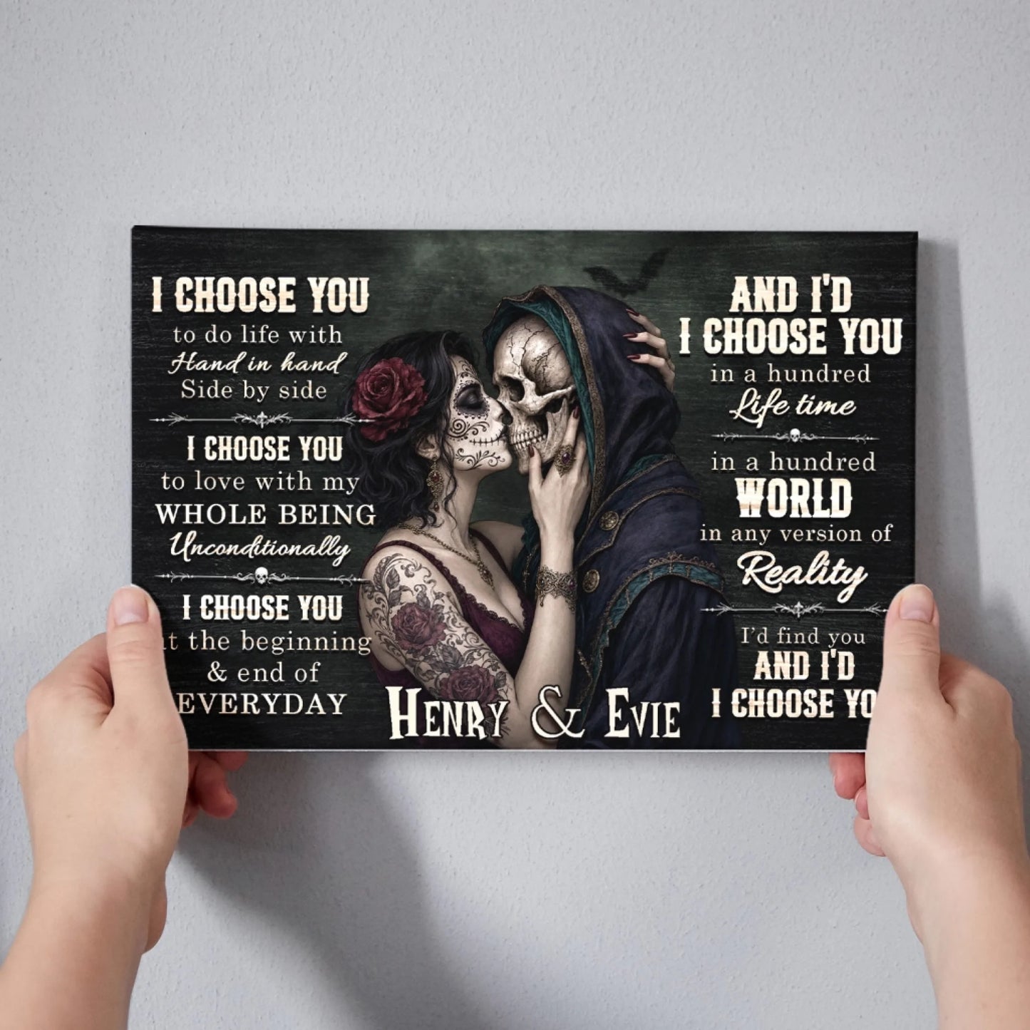 Personalized skeleton couple canvas with custom names Henry and Evie for a romantic gothic wedding or anniversary gift.
