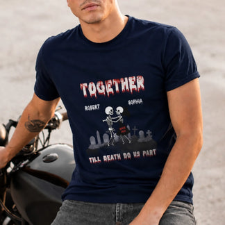 Personalized skeleton couple dancing t-shirt with custom names Robert and Sophia for a spooky romantic couple gift.