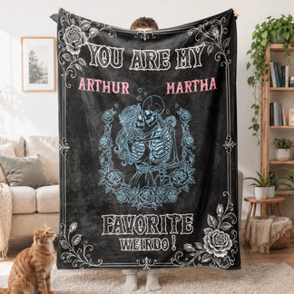 Cozy personalized fleece blanket for couples with Arthur and Martha names and a skeleton couple rose design gift.