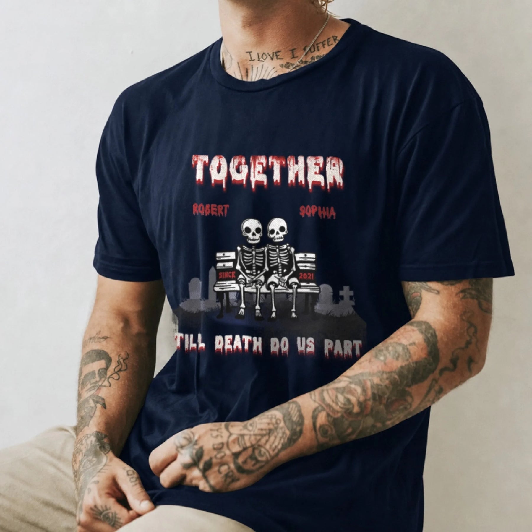 Custom skeleton couple t-shirt featuring names Robert and Sophia for a romantic gothic anniversary or Valentine's gift.