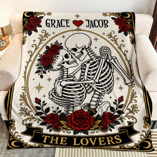 Customizable The Lovers tarot card blanket featuring Grace and Jacob names and skeleton couple dancing with red roses.
