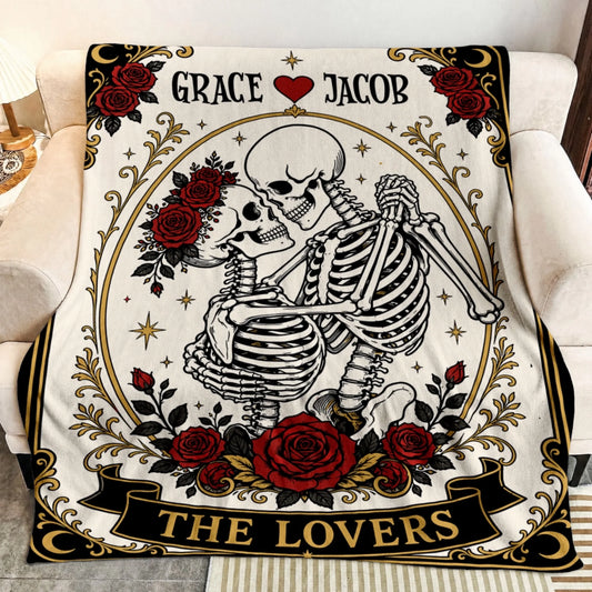 Customizable The Lovers tarot card blanket featuring Grace and Jacob names and skeleton couple dancing with red roses.