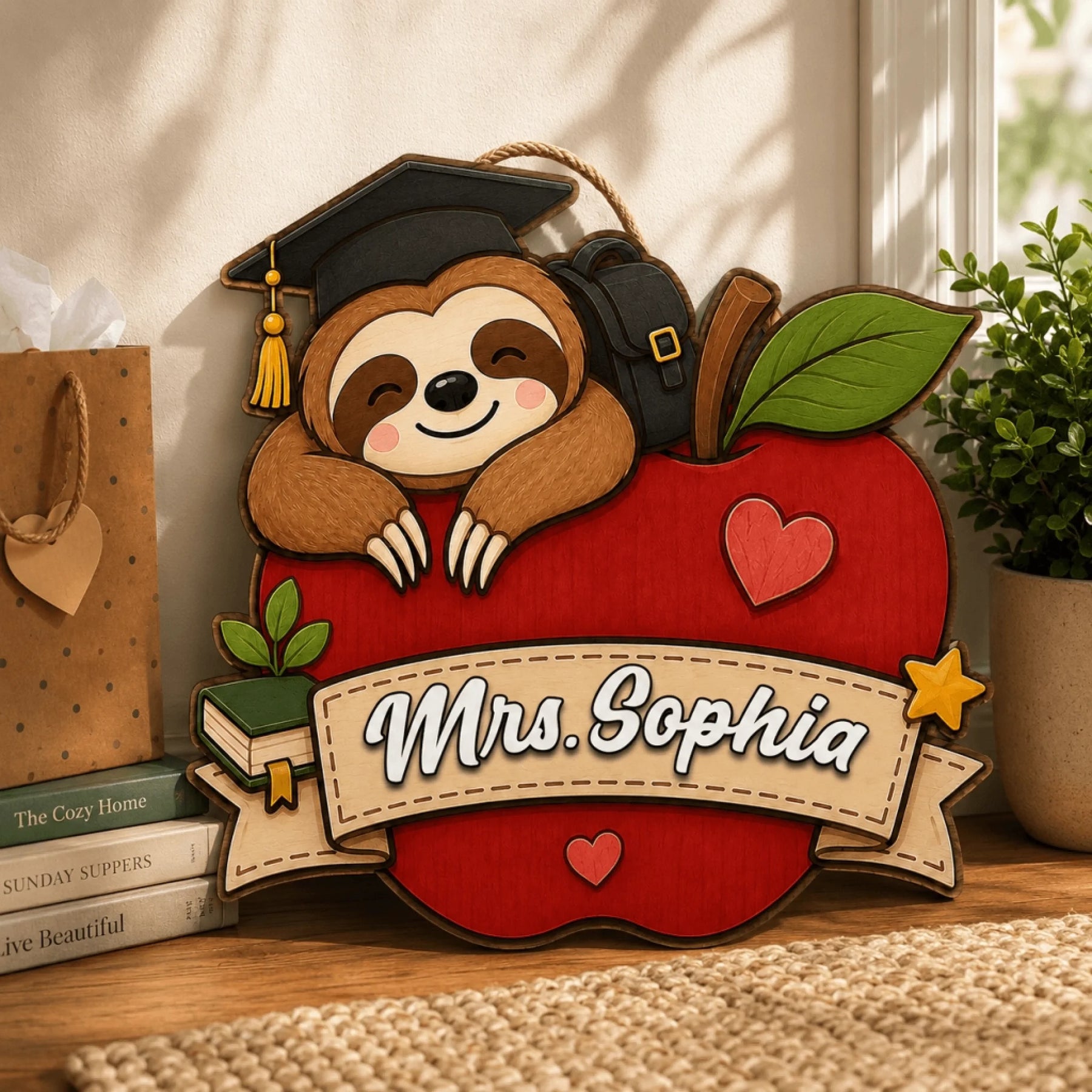 Custom Mrs Sophia sloth on apple hanging wooden sign for teacher appreciation classroom door wall decoration.