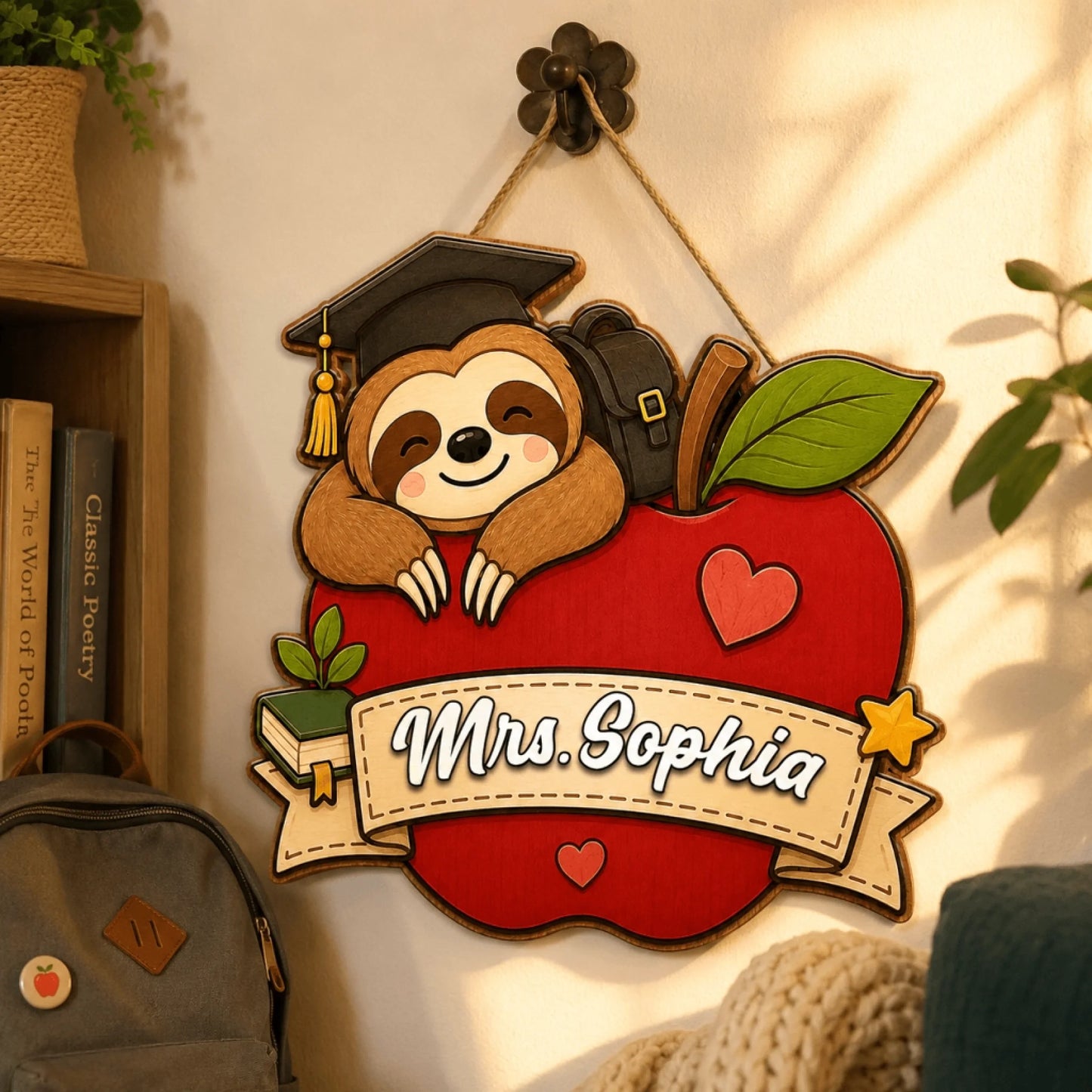 Customized Mrs Sophia wooden sloth sign with a graduation cap and apple theme perfect for a teacher classroom door gift.