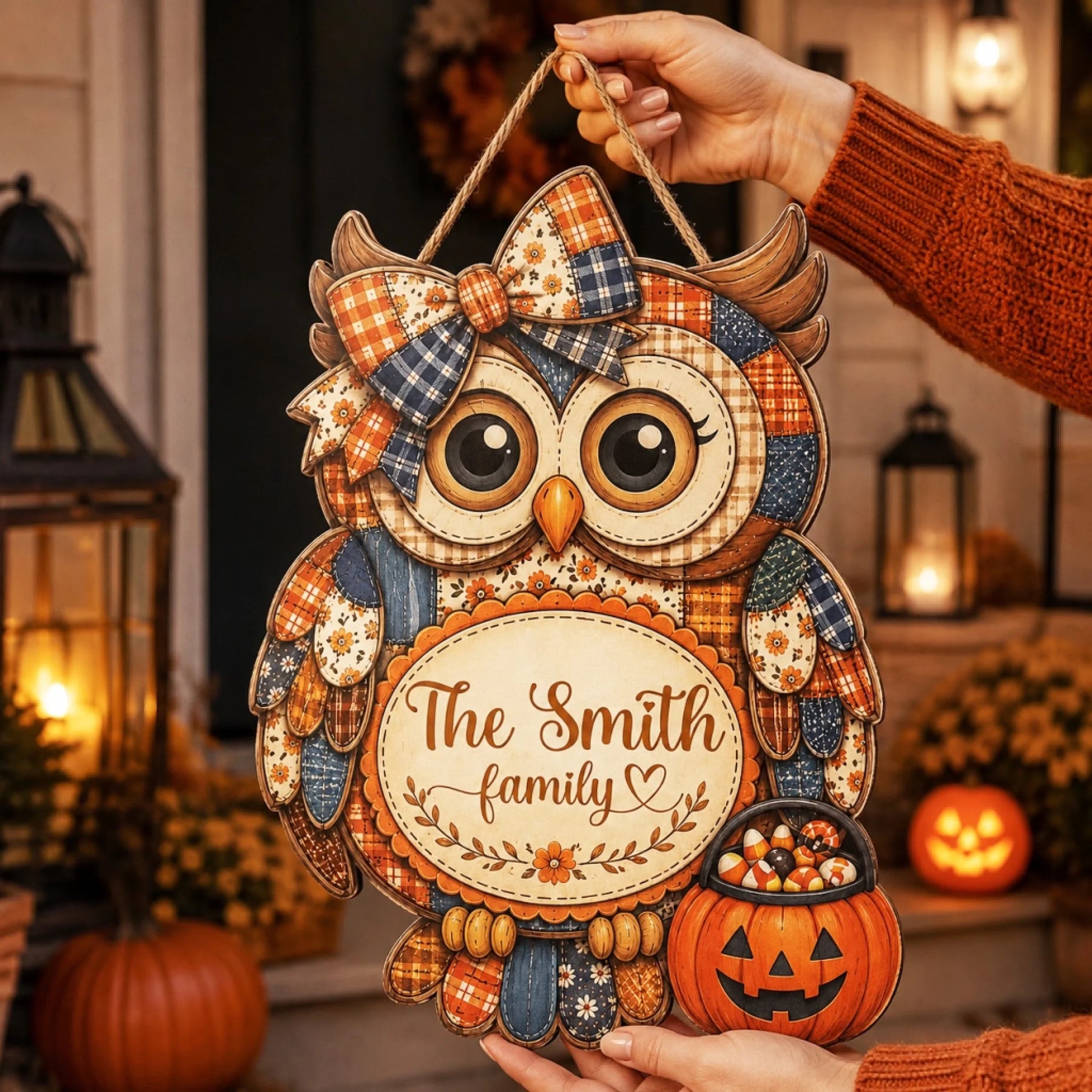 A decorative Halloween owl wooden sign personalized for The Smith family with a pumpkin candy bucket, perfect for decor.