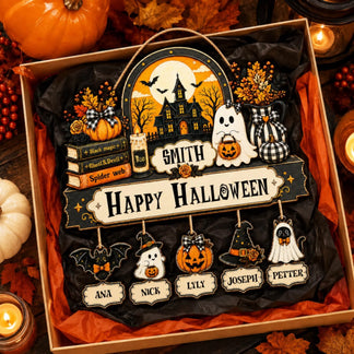 Personalized Smith family wooden Halloween wall sign featuring a haunted house, ghosts, and hanging custom name plaques.