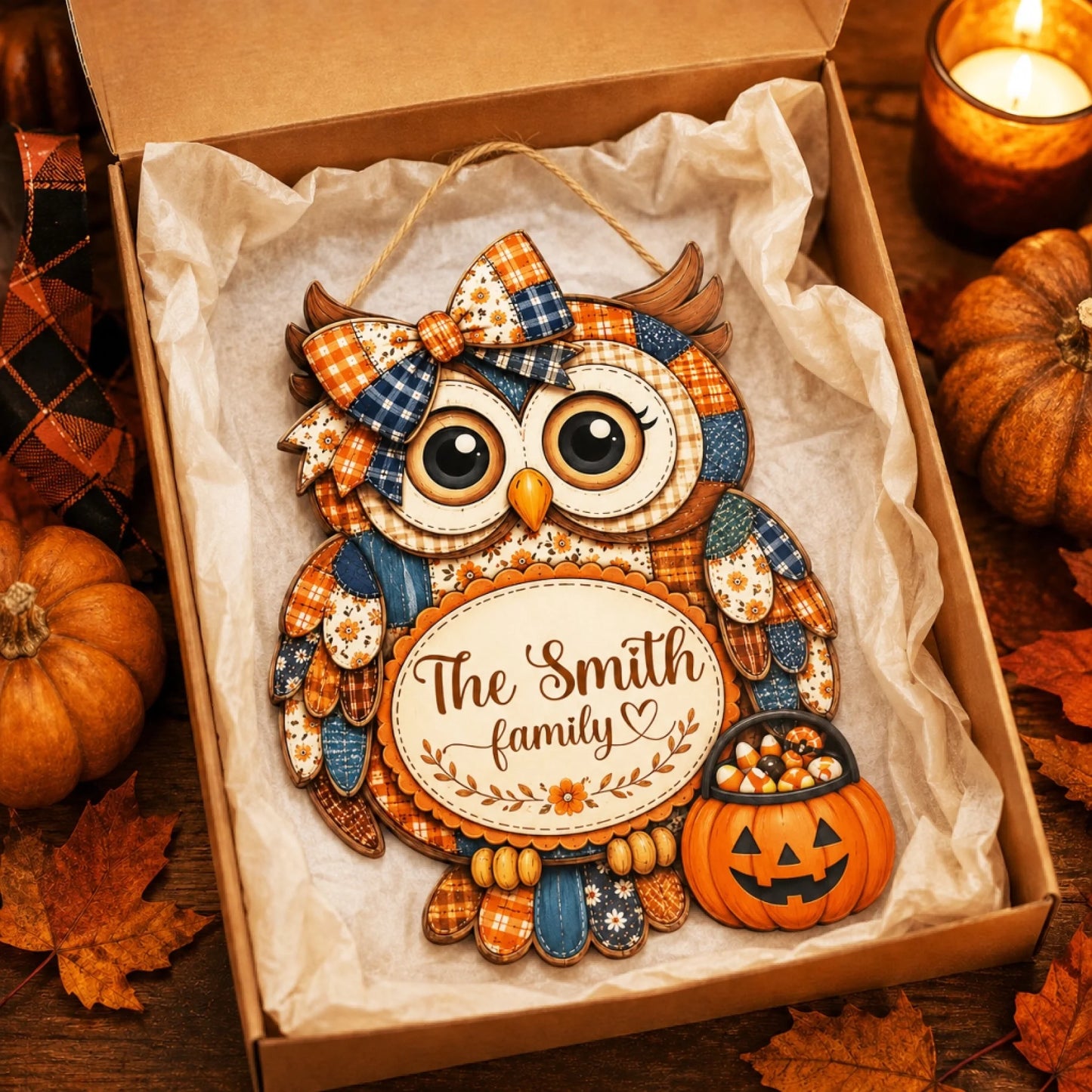 Customized Smith family owl wooden sign displayed in a gift box, making a charming personalized Halloween gift for families.