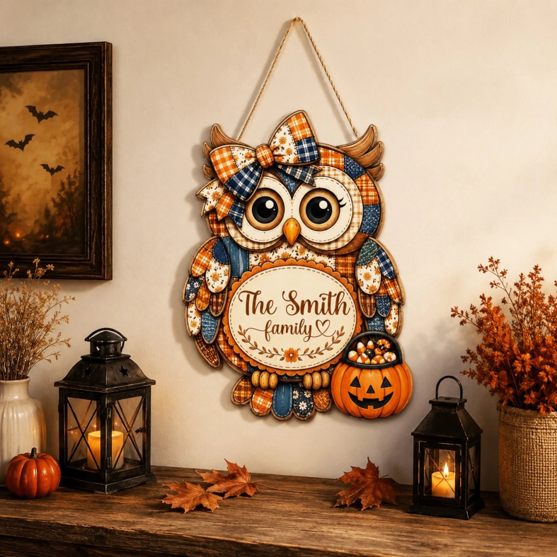 Handcrafted owl-shaped wooden sign personalized for the Smith family, designed with a cute Halloween theme for home decor.