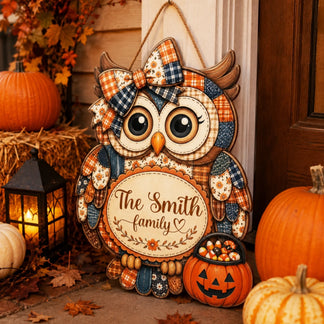Rustic owl-themed door hanger customized for the Smith family, featuring a pumpkin basket to welcome guests this Halloween.