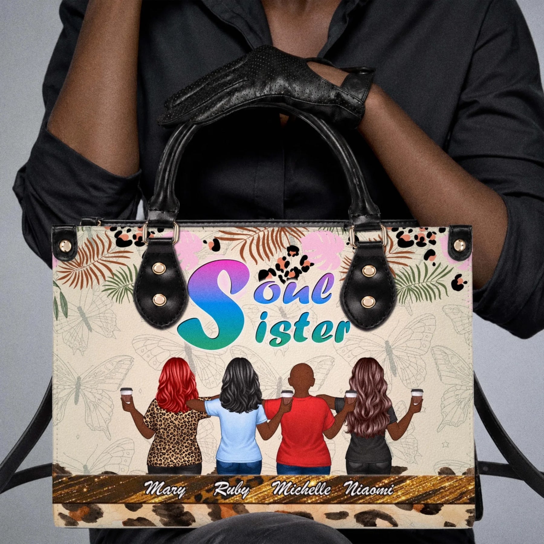 Close up of a custom Soul Sister handbag with four friends illustration and personalized names for a best friend gift.