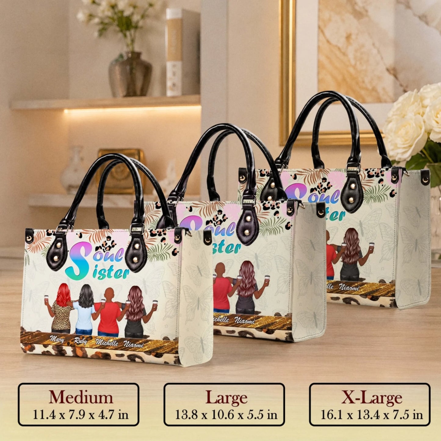 Personalized Soul Sister tote bag featuring custom names and character illustrations in three different sizes for best friend gifts.