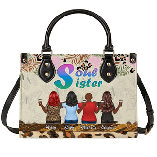 Customizable handbag featuring a group of four best friends illustration with names Mary Ruby Michelle and Niaomi.