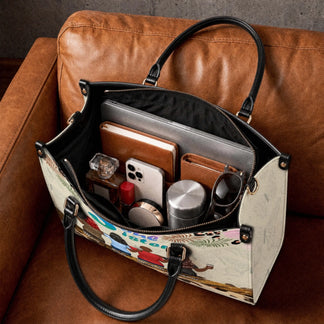 Personalized tote bag featuring four best friends illustration with custom names and organized items inside the bag.