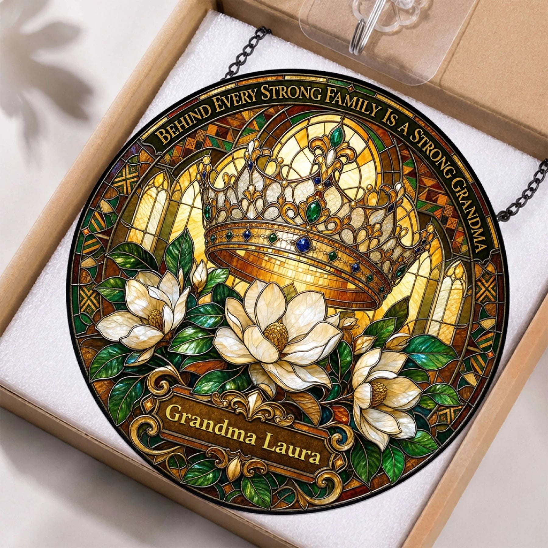 Personalized Grandma Laura stained glass suncatcher for hanging, featuring a decorative crown and flowers.