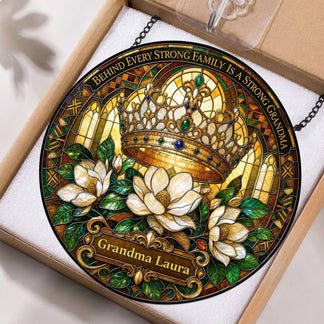 Personalized Grandma Laura stained glass suncatcher for hanging, featuring a decorative crown and flowers.