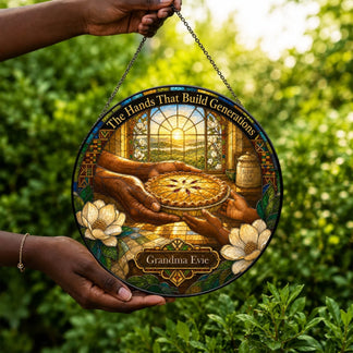 Round stained glass suncatcher personalized with Grandma Evie, depicting family hands and a homemade pie design.