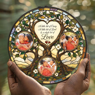 Hanging family tree stained glass suncatcher with space for three custom photos and a printed sentiment about love.
