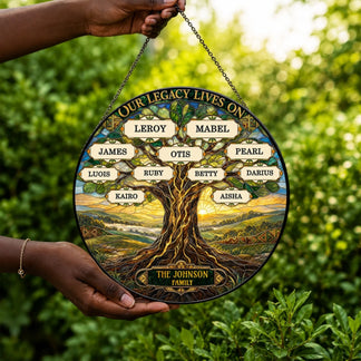 Beautiful personalized stained glass suncatcher window hanging featuring a family tree design for a thoughtful gift.