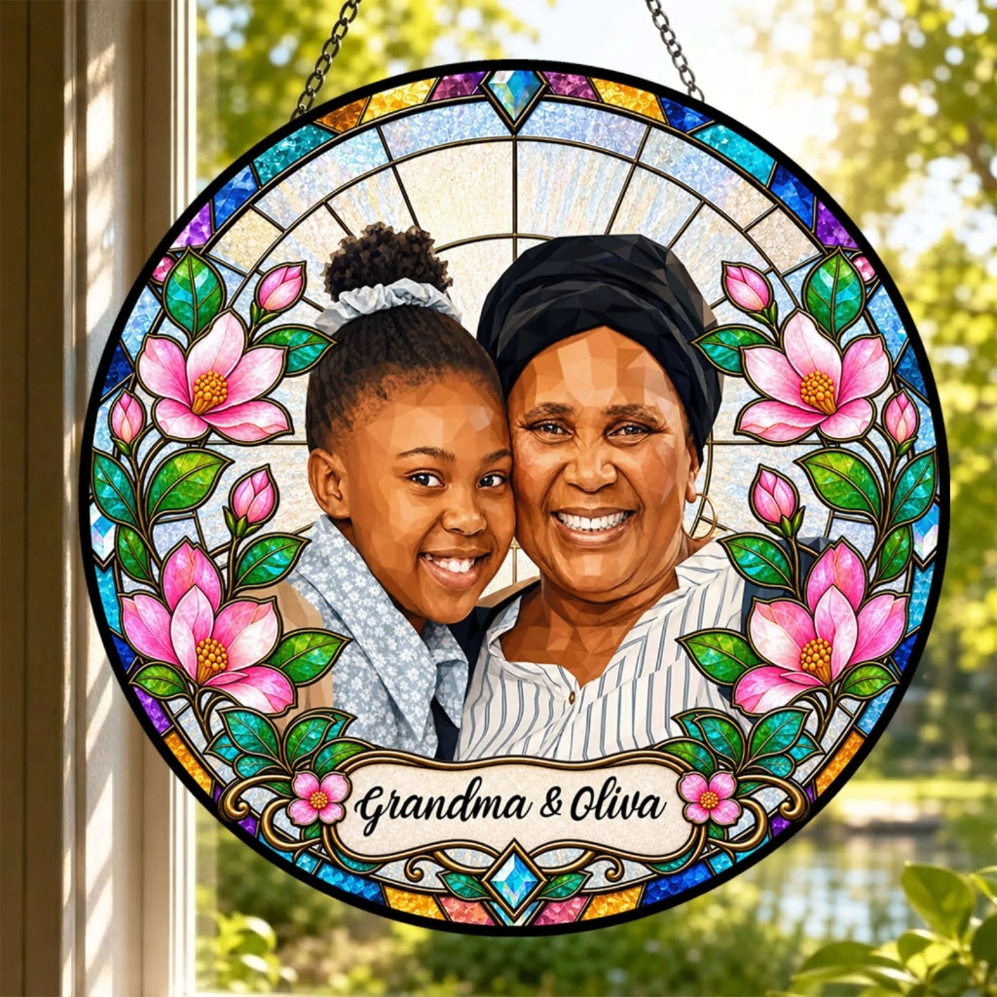 A custom stained glass suncatcher featuring a photo of a grandma and granddaughter with floral borders and personalized name text.