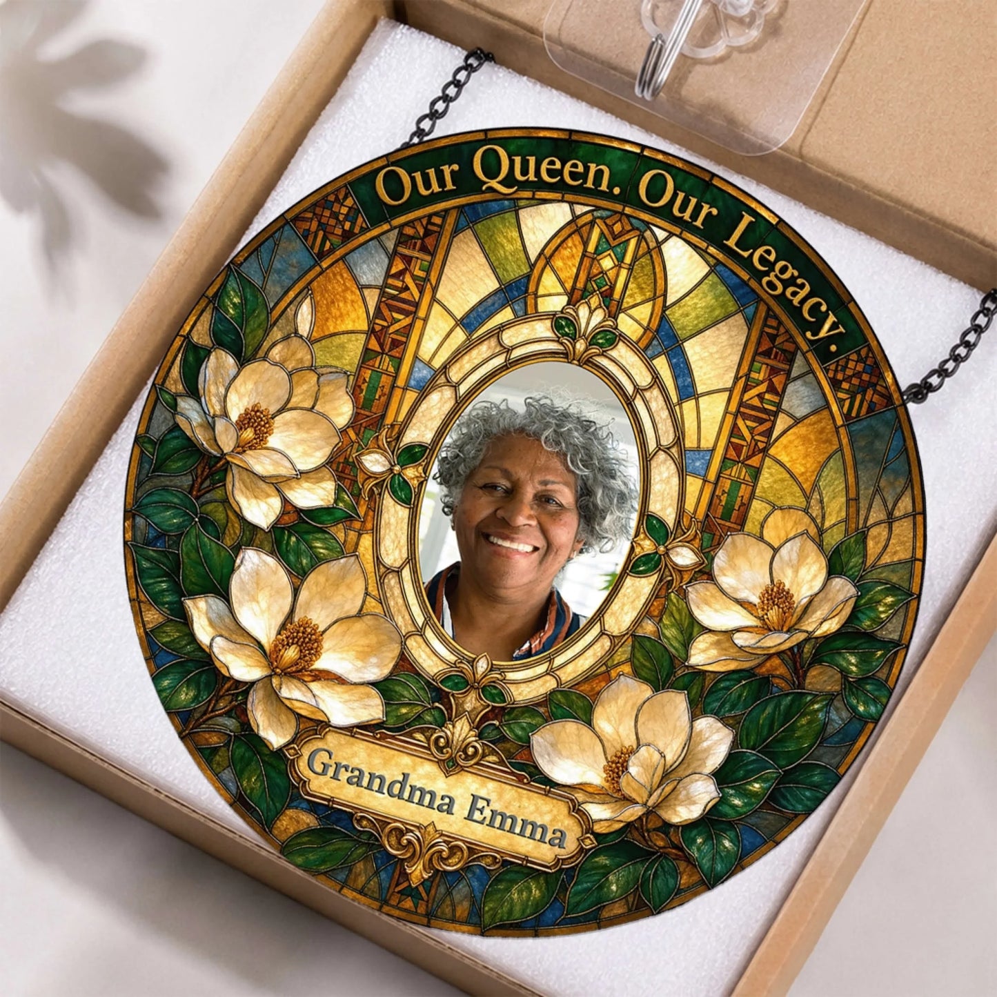 Custom stained glass memorial suncatcher with a photo of Grandma Emma inside a protective gift box for elegant presentation.