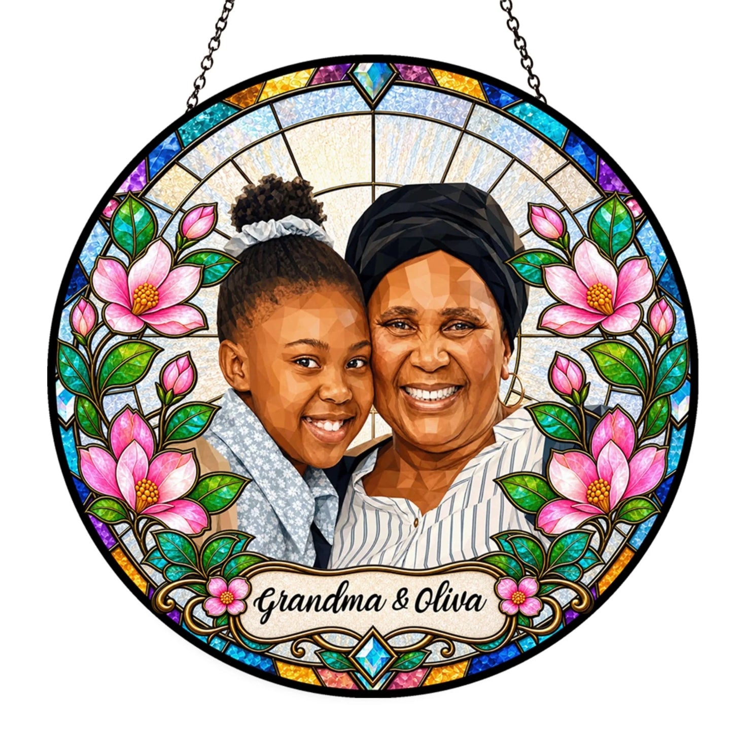 Custom portrait stained glass suncatcher featuring a photo of a grandma and granddaughter with floral accent border.
