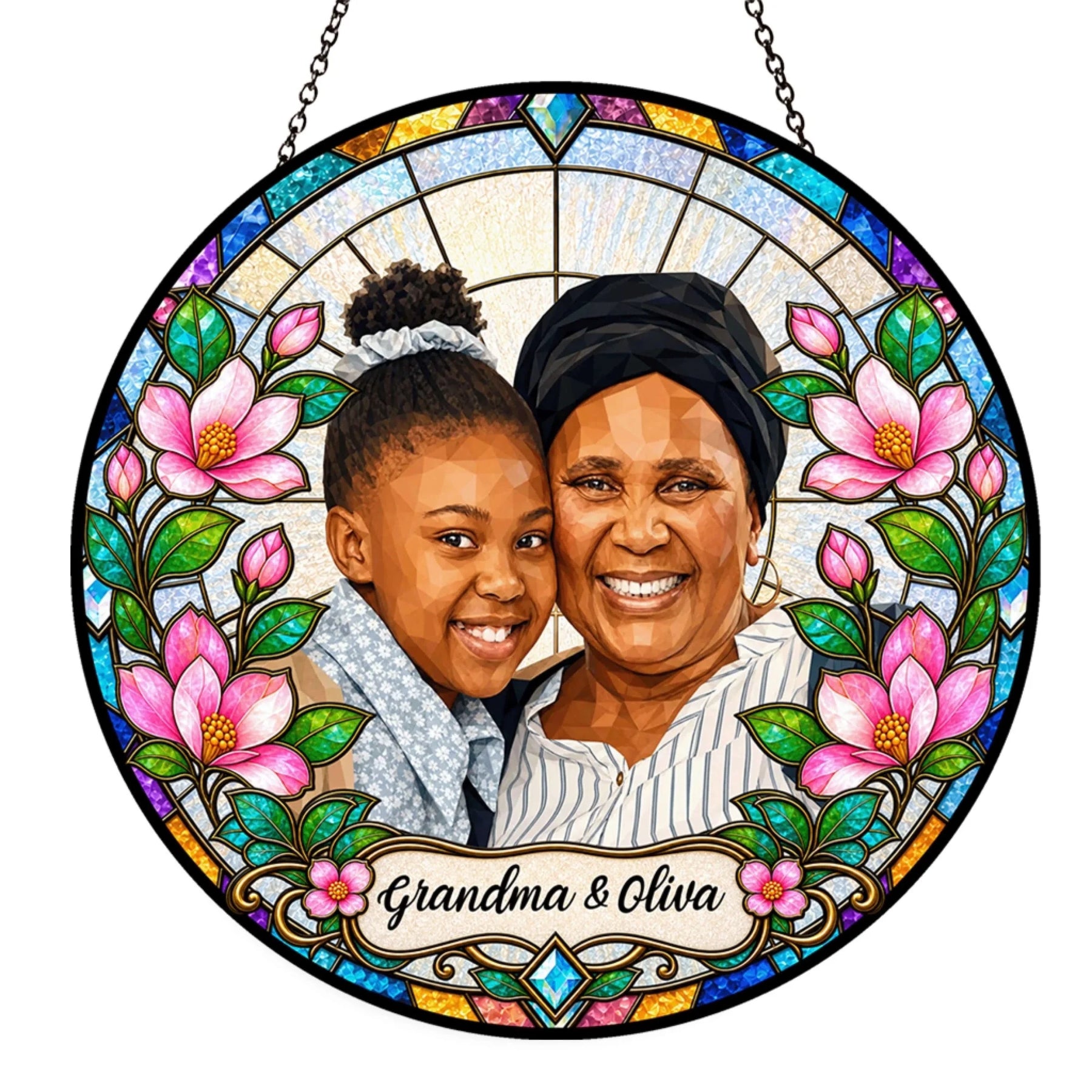 Custom portrait stained glass suncatcher featuring a photo of a grandma and granddaughter with floral accent border.