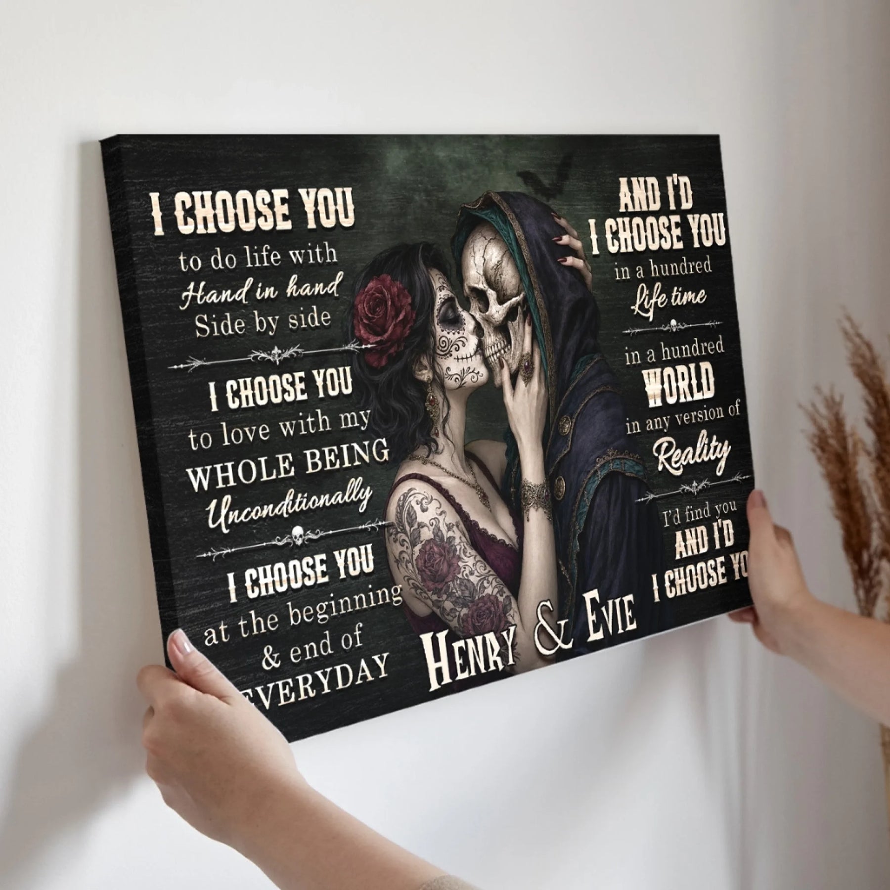 Personalized sugar skull couple wall canvas customized with the names Henry and Evie for a romantic gothic gift