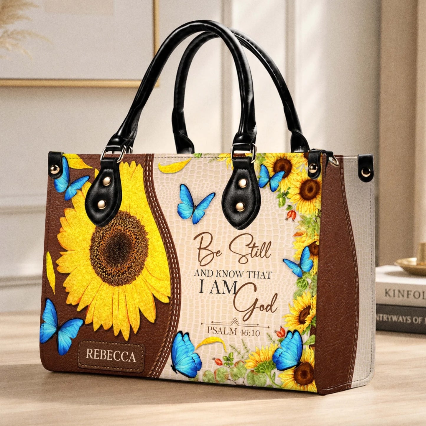 Personalized sunflower themed leather tote bag with blue butterflies and Be Still and Know That I Am God verse.