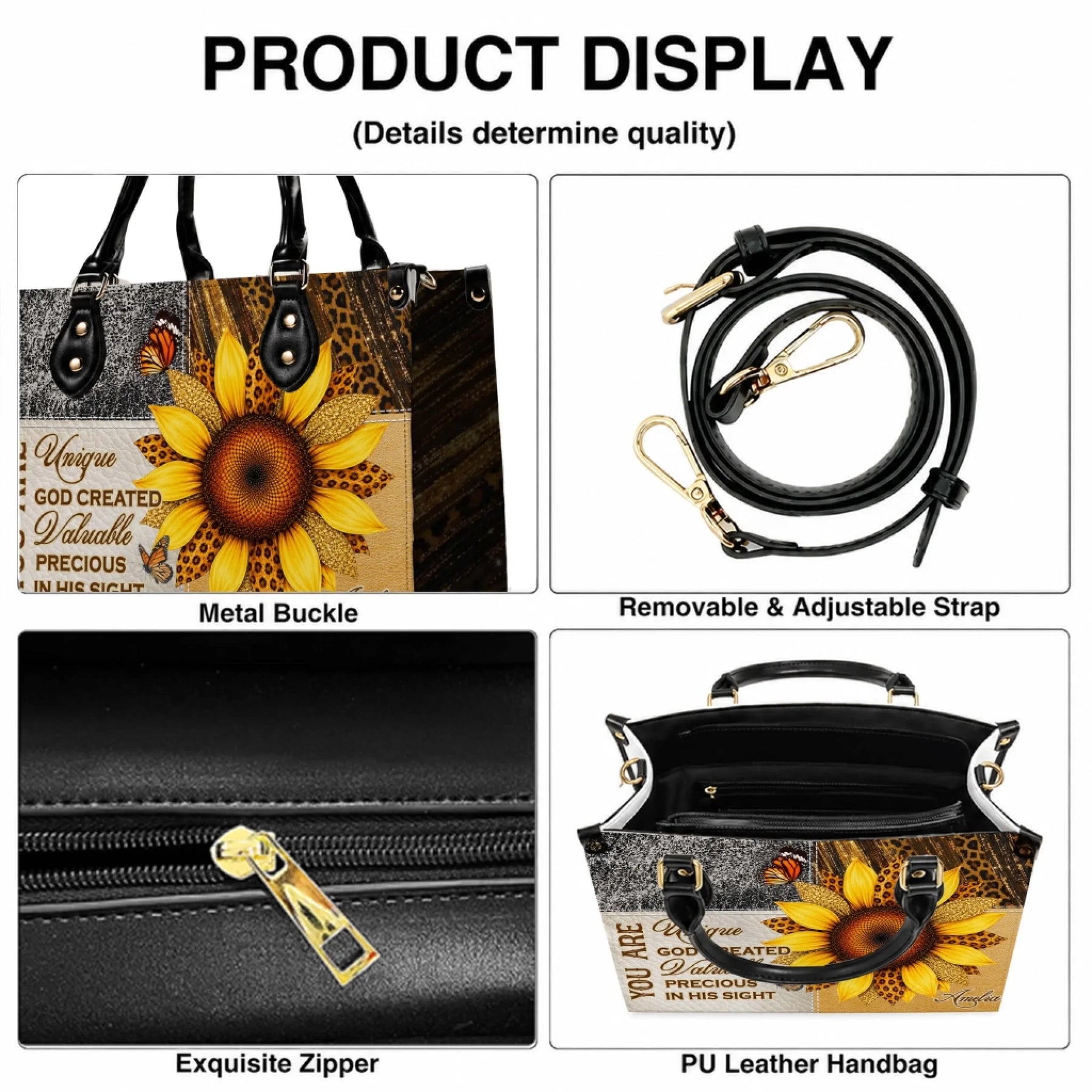 Product detail display featuring the adjustable strap, metal buckles, zipper closure, and interior of a floral bag.