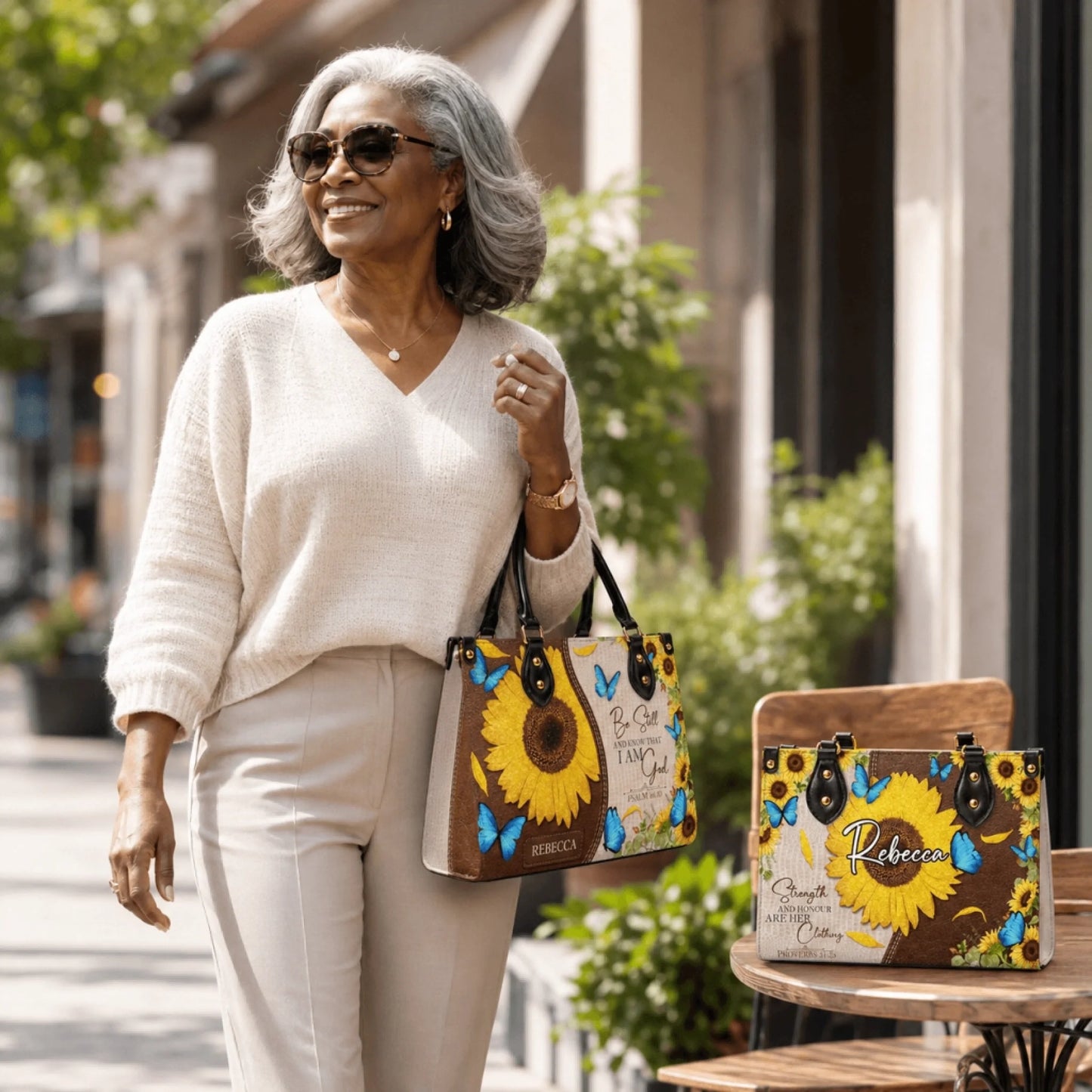 Elegant older woman walking with a personalized sunflower butterfly tote bag featuring religious and strength quotes.