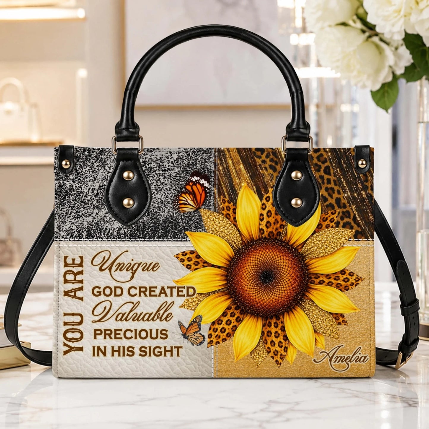 Personalized sunflower and butterfly print tote bag with faith-based quote, custom name handbag for women and gifts.