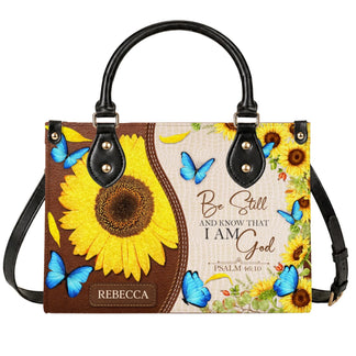Personalized sunflower and blue butterfly tote bag featuring the quote Be Still And Know That I Am God Psalm 46:10.