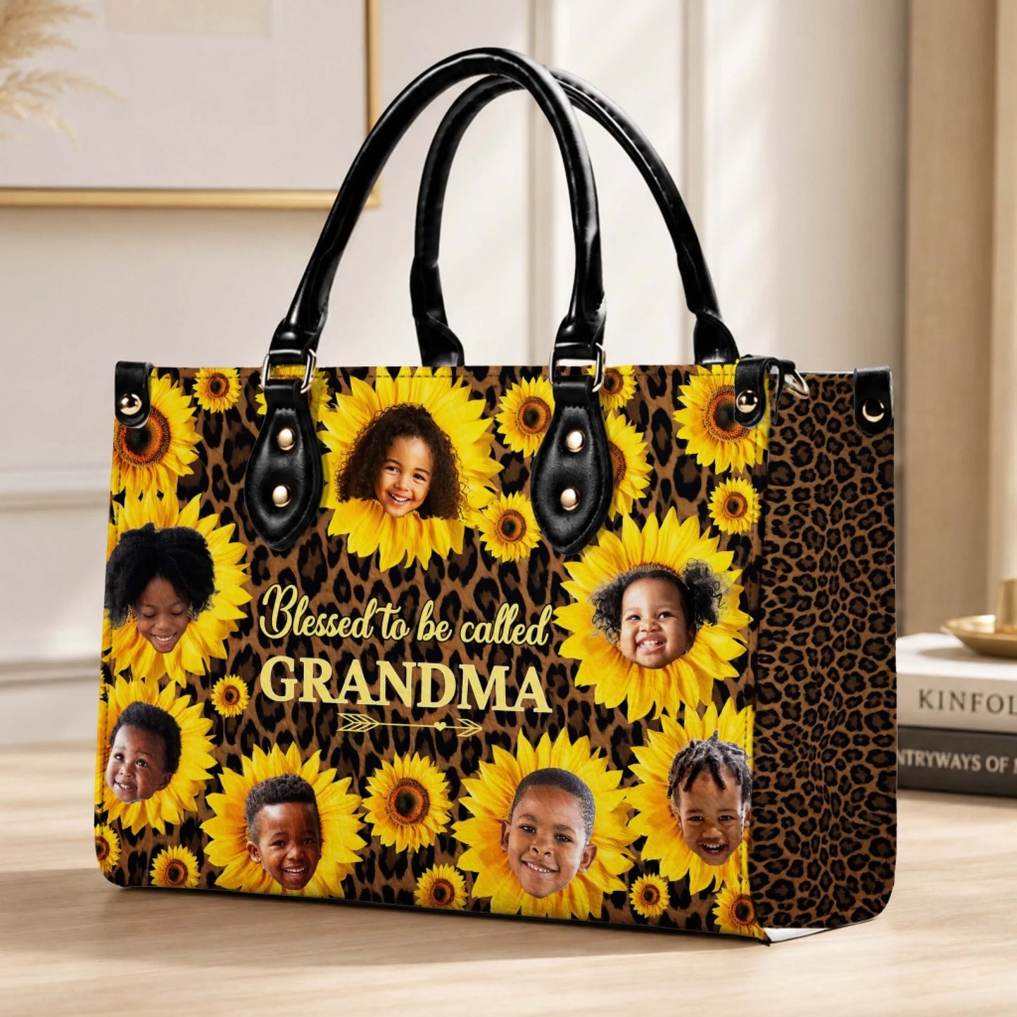 Stylish custom sunflower handbag for grandma featuring a personalized photo collage design and leopard print.