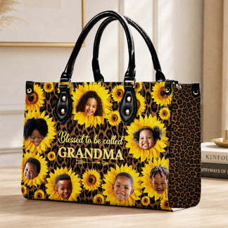 Stylish custom sunflower handbag for grandma featuring a personalized photo collage design and leopard print.