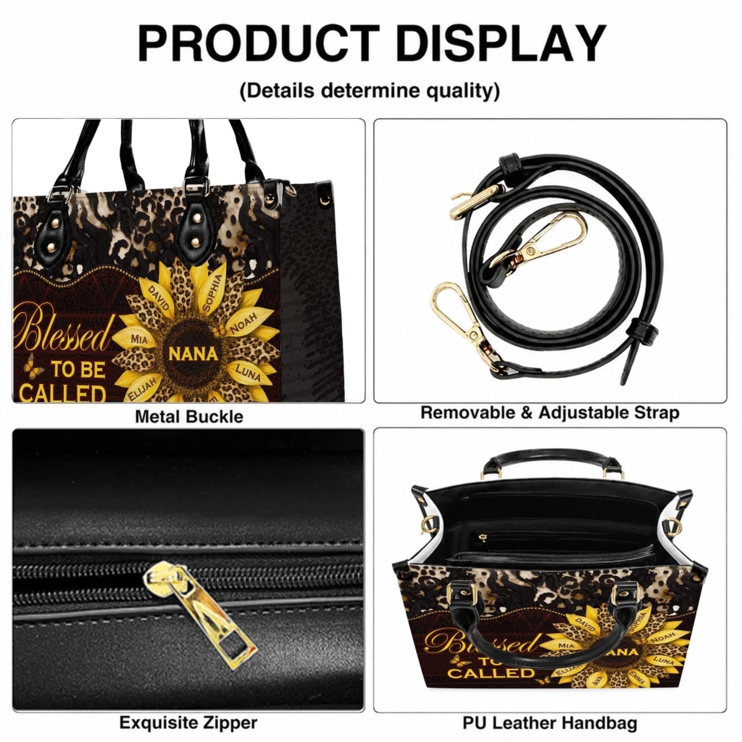 Product features of a custom sunflower handbag for Nana, including adjustable strap, metal buckles, and zipper.
