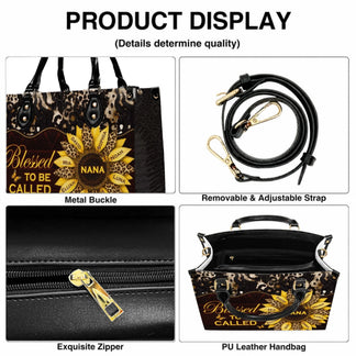 Product features of a custom sunflower handbag for Nana, including adjustable strap, metal buckles, and zipper.