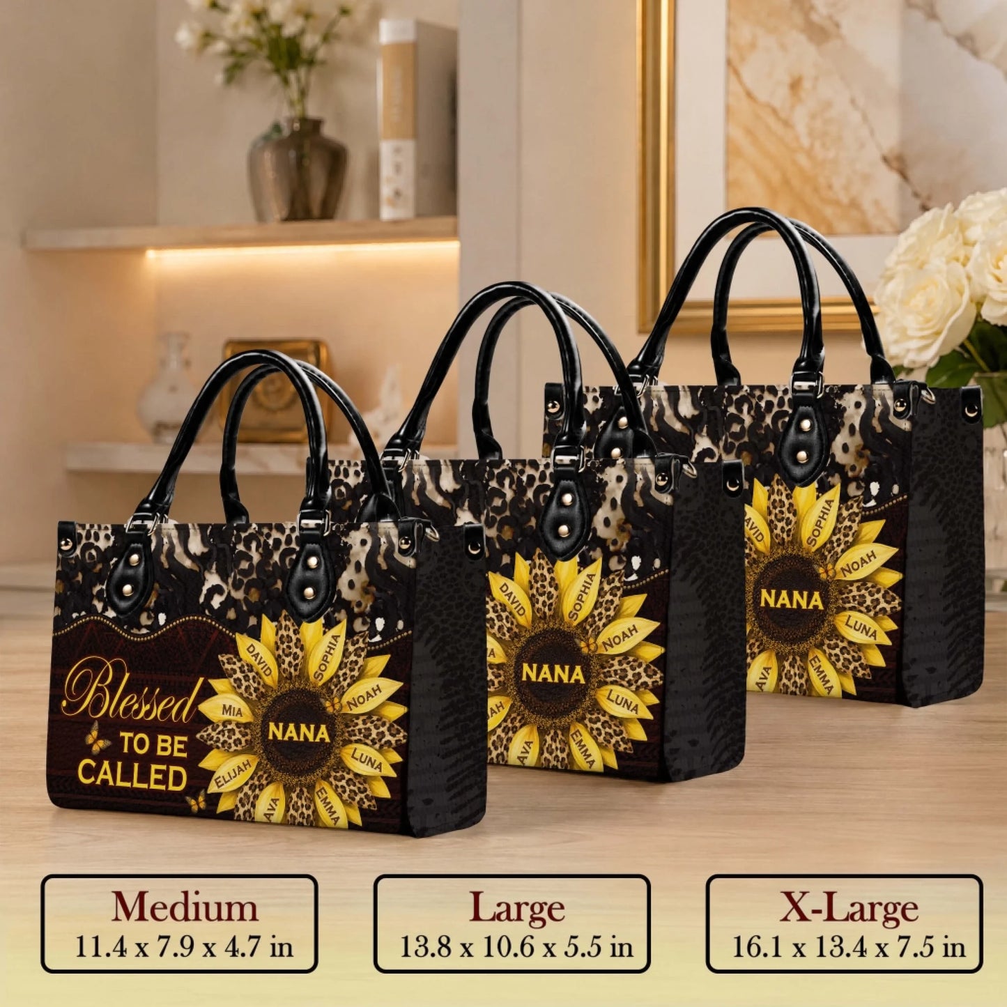 Available sizes for customized sunflower leopard print handbags for Nana, ranging from medium to extra large.