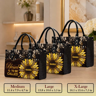 Available sizes for customized sunflower leopard print handbags for Nana, ranging from medium to extra large.