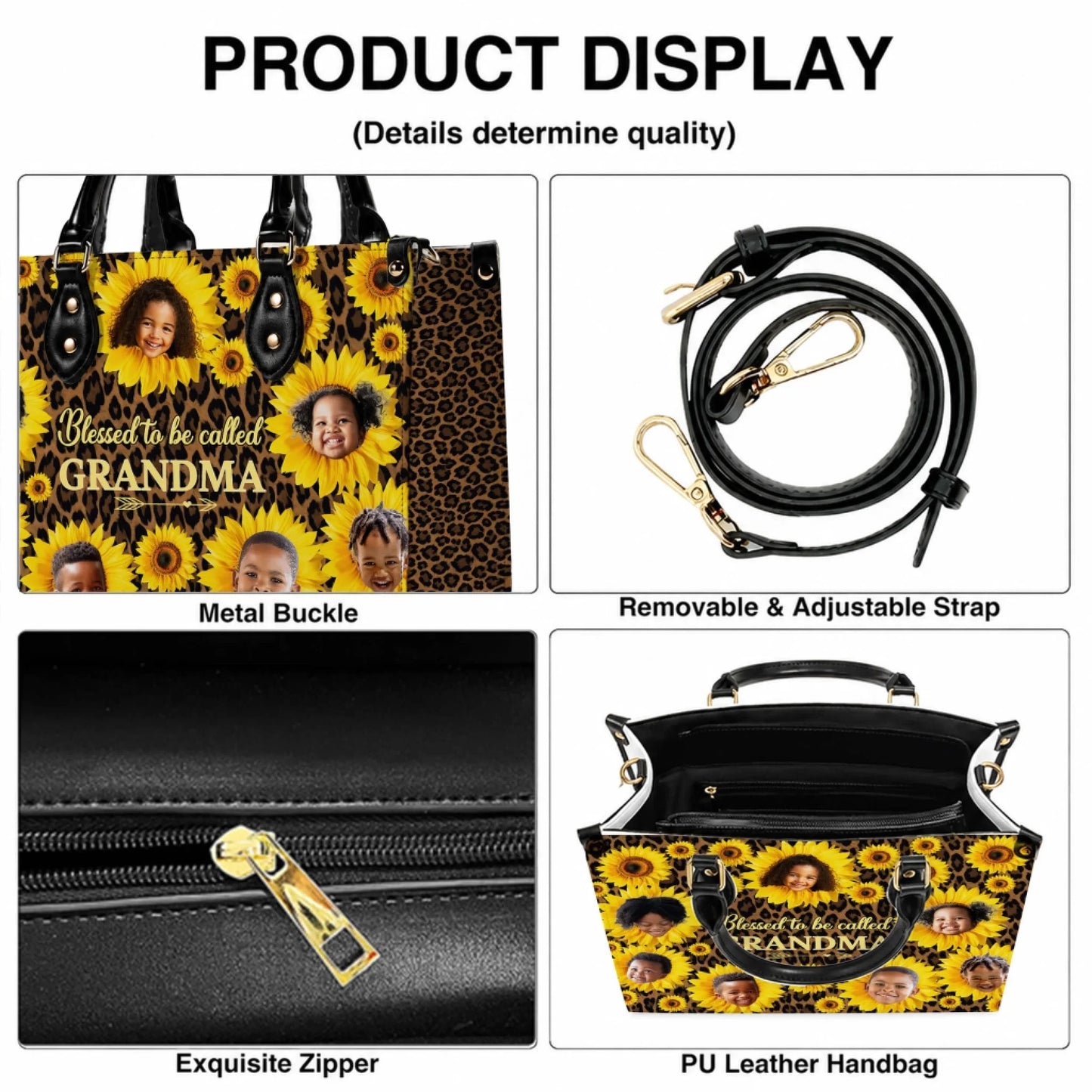 Custom PU leather handbag featuring sunflower and leopard print pattern with Blessed to be called GRANDMA text design.