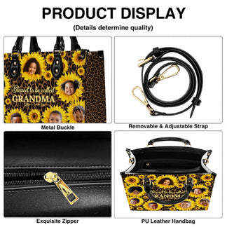 Custom PU leather handbag featuring sunflower and leopard print pattern with Blessed to be called GRANDMA text design.