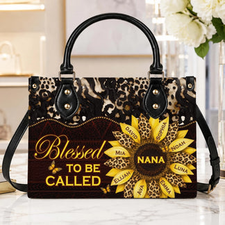 Custom sunflower tote bag for Nana with leopard print background featuring names of family members for a unique gift.