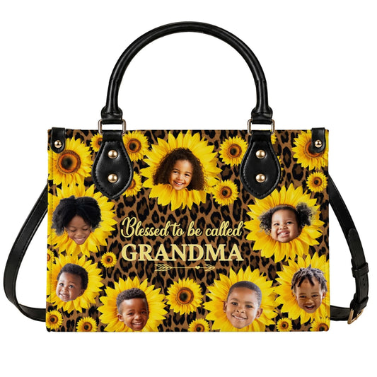 Custom sunflower tote bag for grandma featuring multiple personalized children face photos and leopard print background.