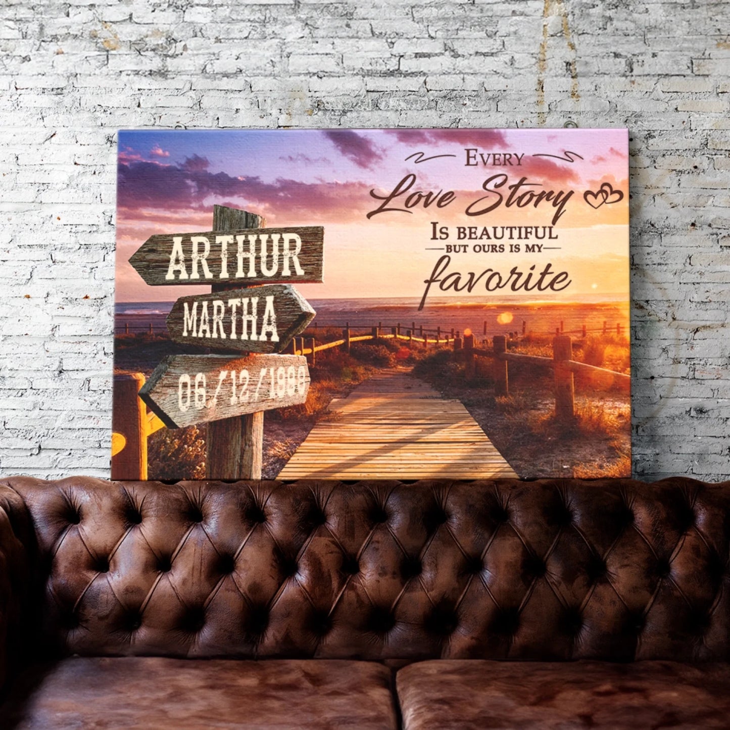 Custom name and date canvas print with a beautiful sunset beach theme, perfect romantic home decor gift for couples.