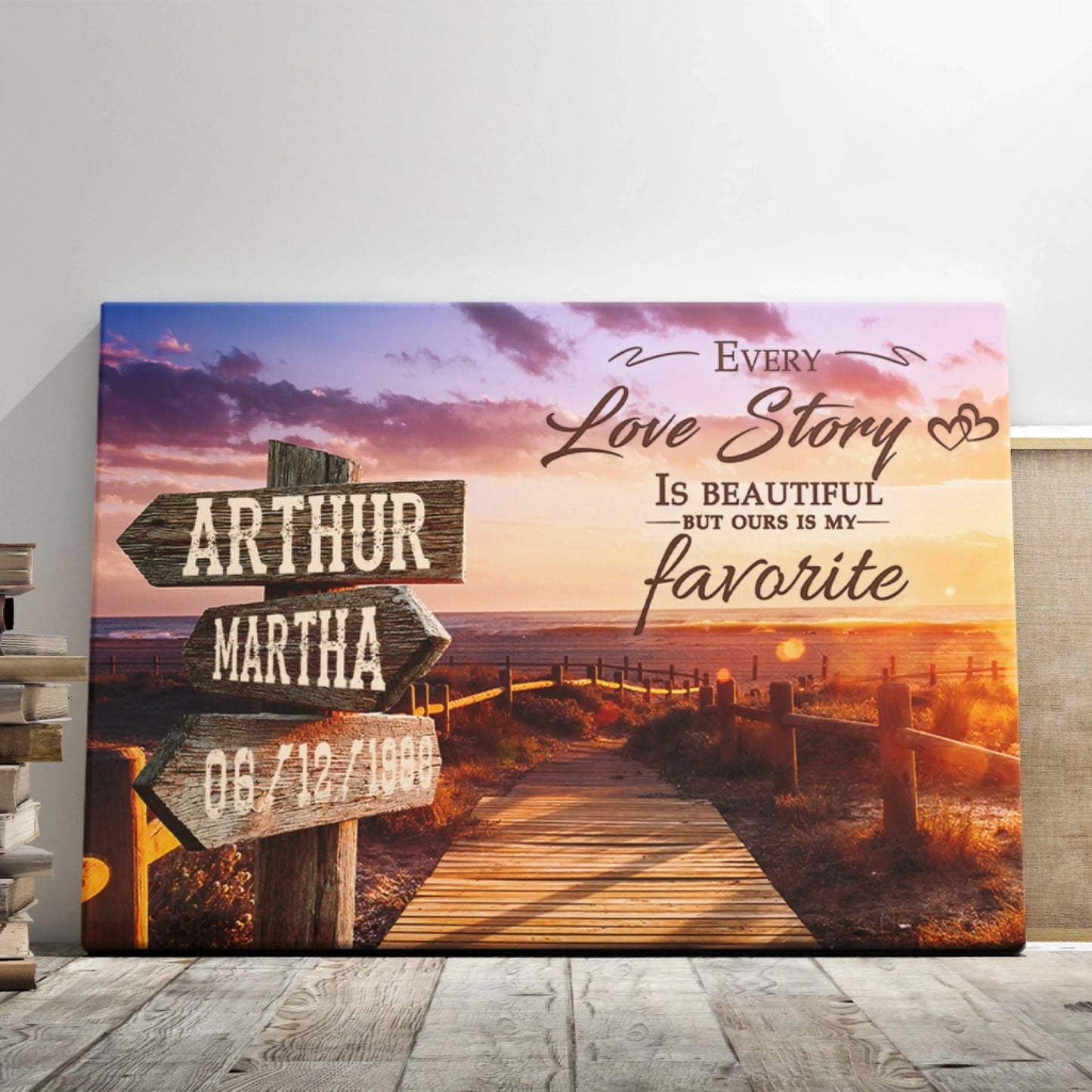 Custom sunset beach path canvas with names Arthur and Martha and wedding date, a romantic anniversary gift for couples.