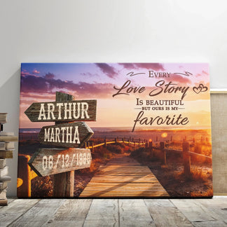 Custom sunset beach path canvas with names Arthur and Martha and wedding date, a romantic anniversary gift for couples.