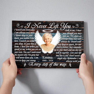 Hands holding a custom memorial canvas with angel photo frame and remembrance quote for a celebration of life.