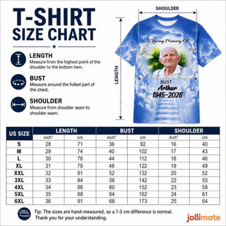 T-shirt size chart for custom memorial apparel with dimensions for length, bust, and shoulder measurements.