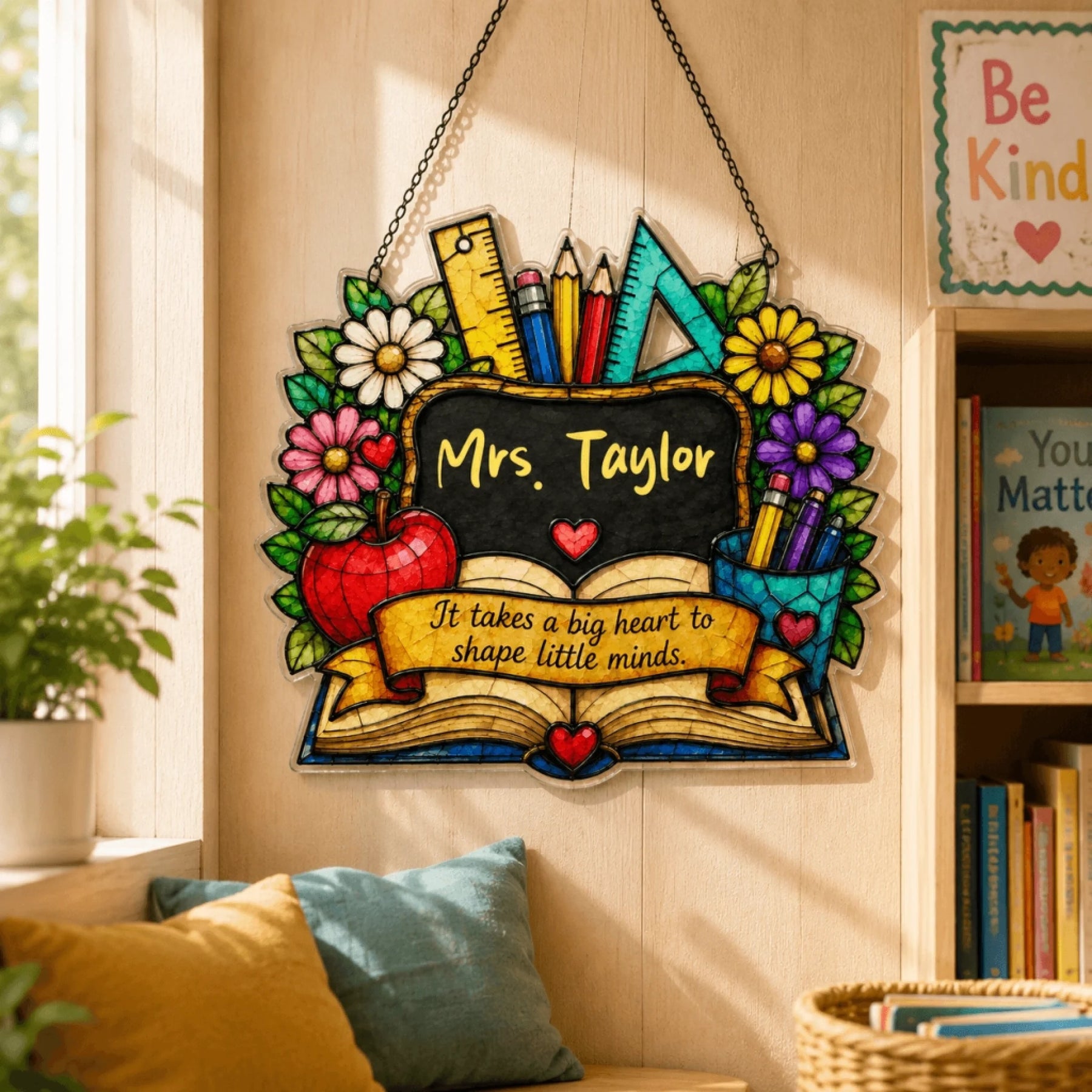 Personalized acrylic teacher appreciation gift featuring a stained glass look with an apple book and custom teacher name.